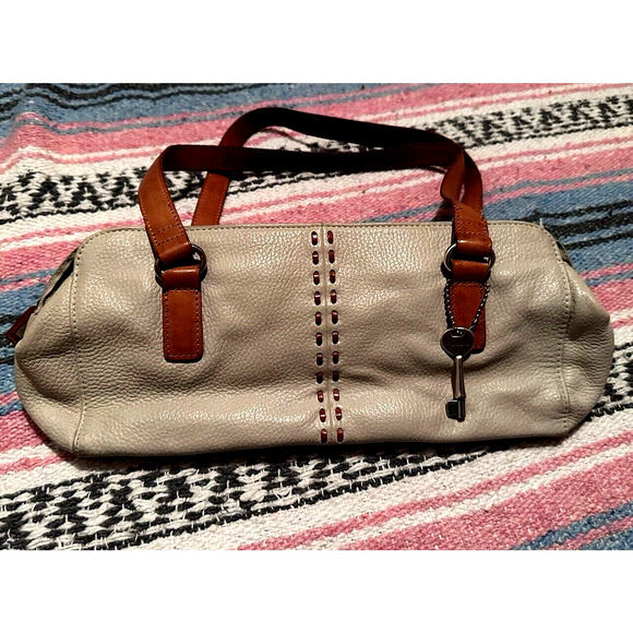 fossil • cream brown shoulder bag satchel purse key leather designer neutral - Picture 12 of 16